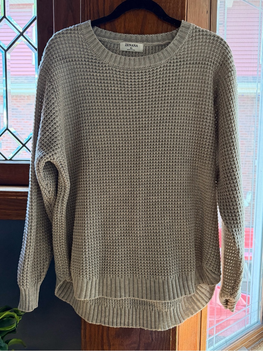 Zenana Greige Waffle Knit Sweater Hi-Low Hem Size XL NWOT